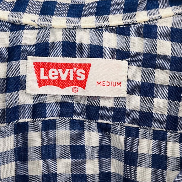 Vtg Mens M Levi's Gingham Western Shirt Button Front Blue White Long Sleeve Flaw - Picture 4 of 7